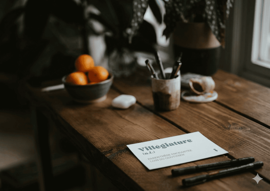carte postale posee sur un bureau en bois